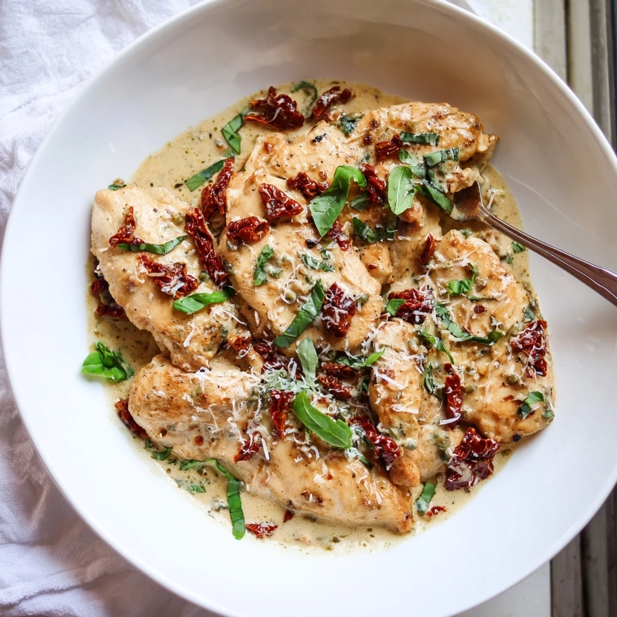 Creamy sun-dried tomato garlic chicken plated with fresh basil and parmesan cheese sprinkled on top