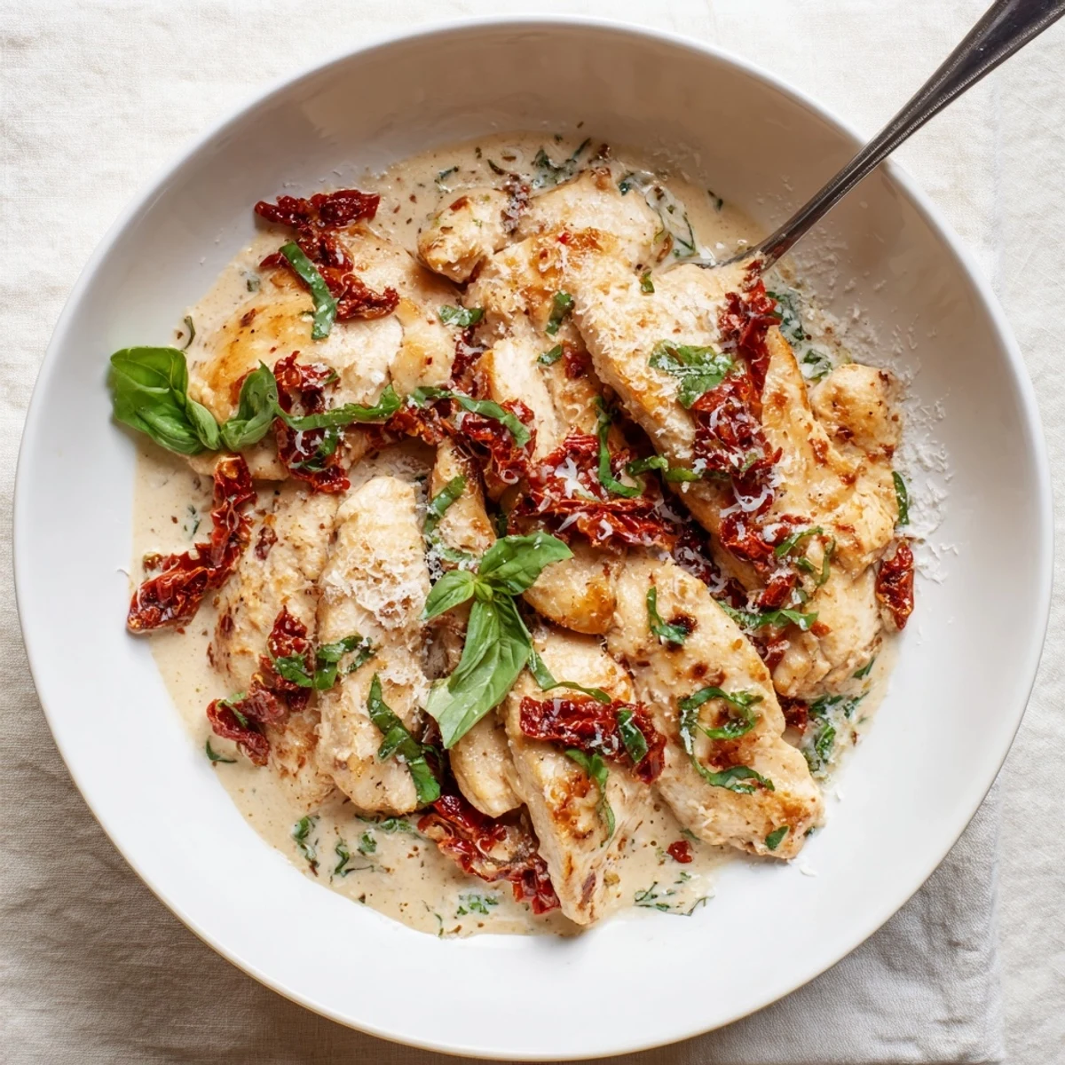 Tender chicken simmered in luscious creamy garlic sauce dotted with vibrant sun-dried tomatoes