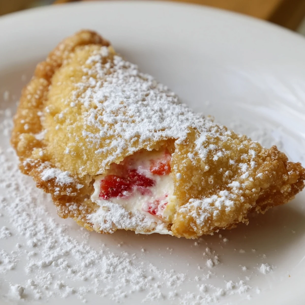 Golden deep fried strawberry cheesecake pies dusted with powdered sugar on serving plate