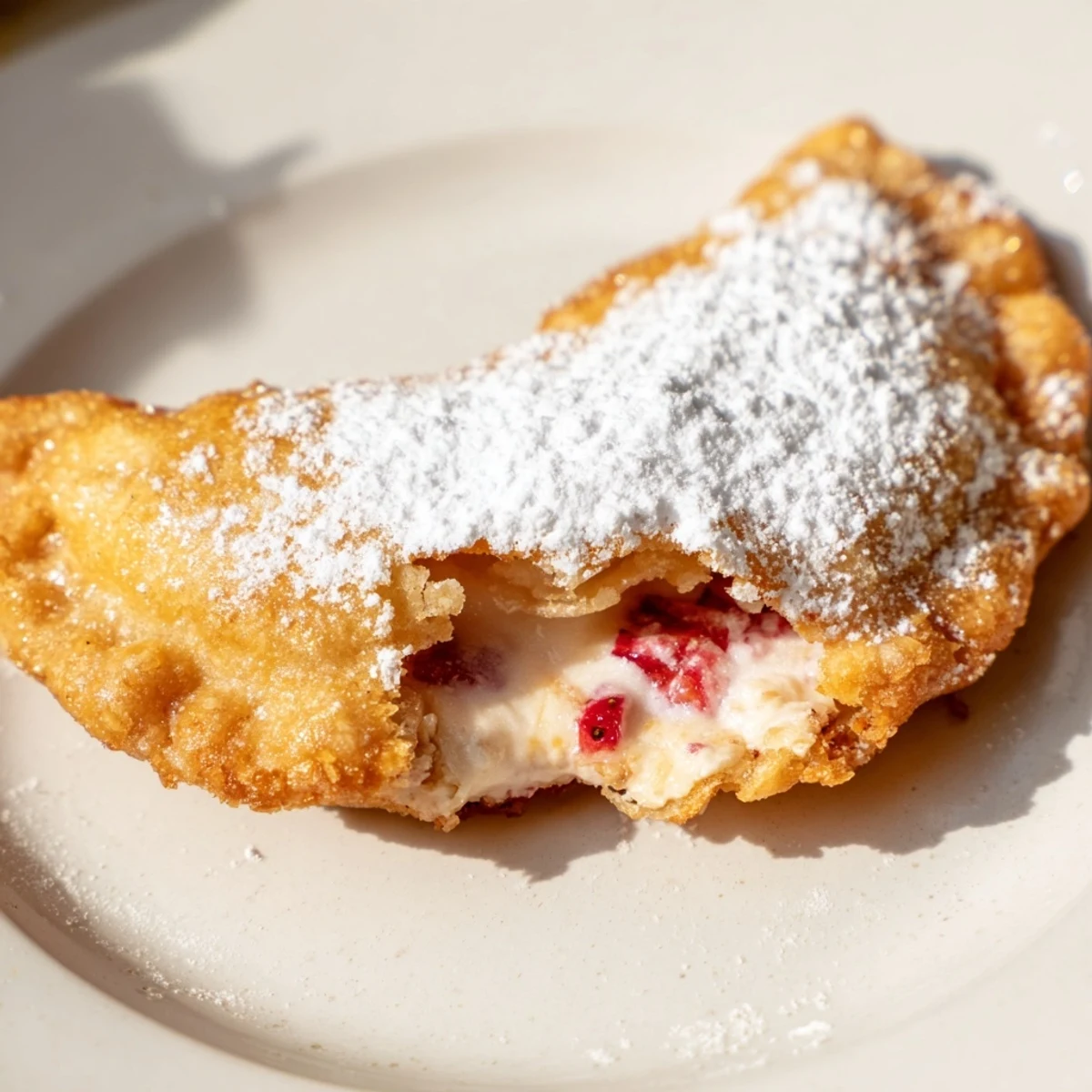 Crispy half-moon hand pies stuffed with creamy cheesecake and fresh strawberry filling