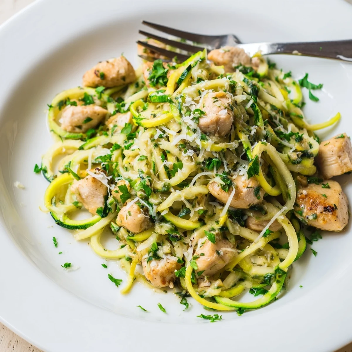 Golden chicken pieces tossed with spiralized zucchini noodles in rich garlic butter sauce