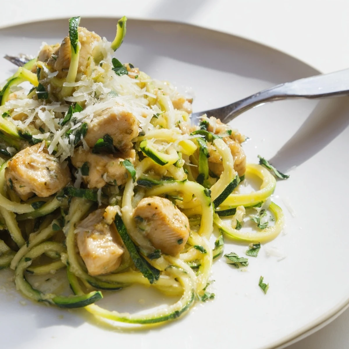 Low carb garlic butter chicken zucchini noodles packed into meal prep containers for easy lunches