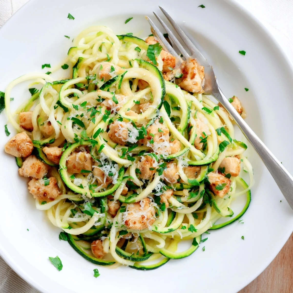 Tender chicken and zucchini noodles swimming in savory garlic butter sauce with fresh parsley garnish