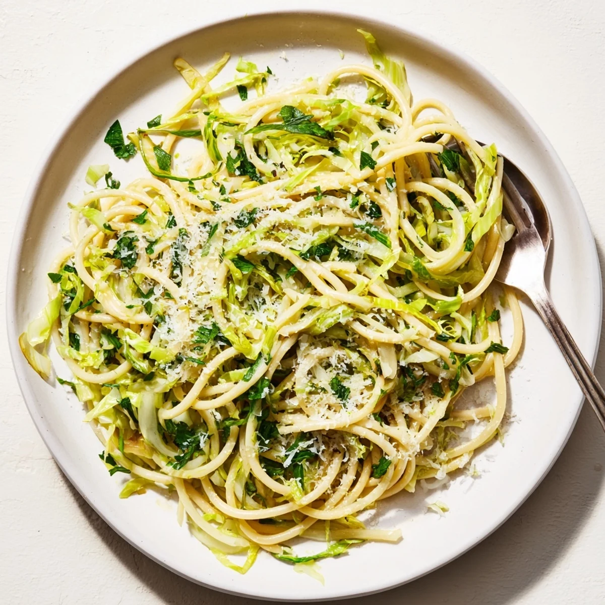 Twirled pasta tossed with tender caramelized cabbage in bright lemon garlic butter sauce