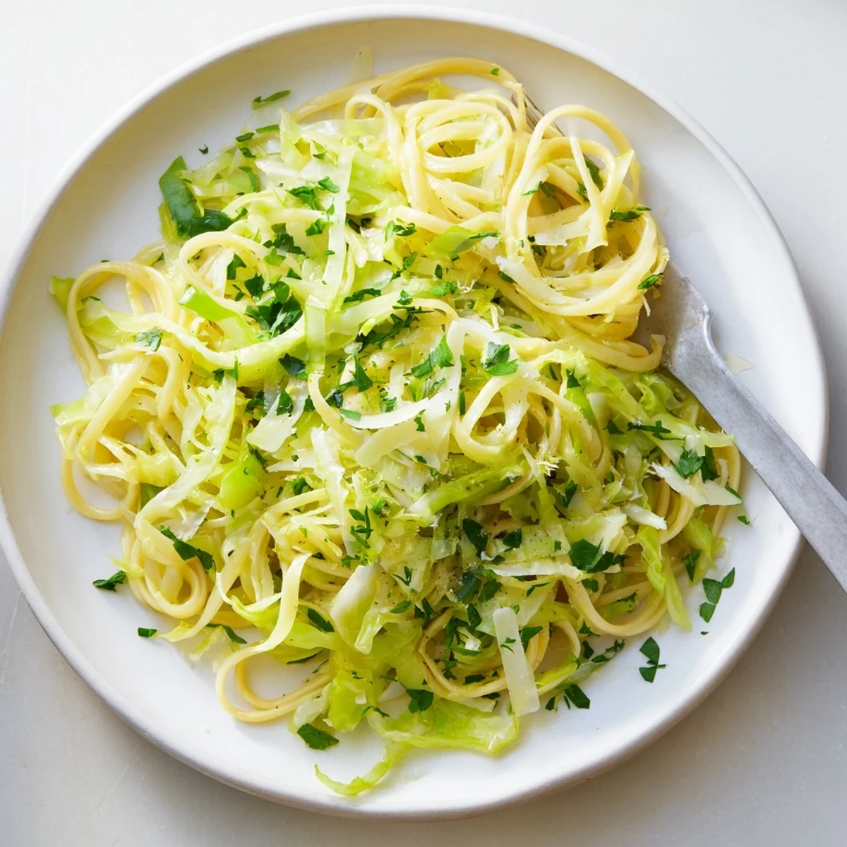 Bowl of lemon garlic cabbage pasta sprinkled with Parmesan and fresh parsley garnish