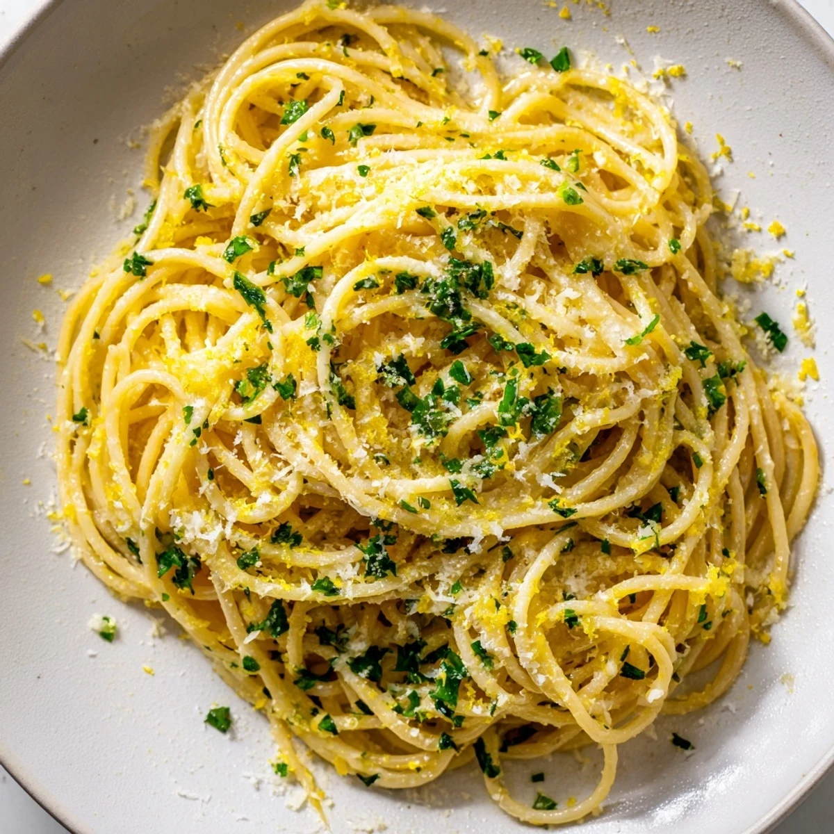 Close up of one pot garlic butter pasta twirled on fork with lemon zest garnish