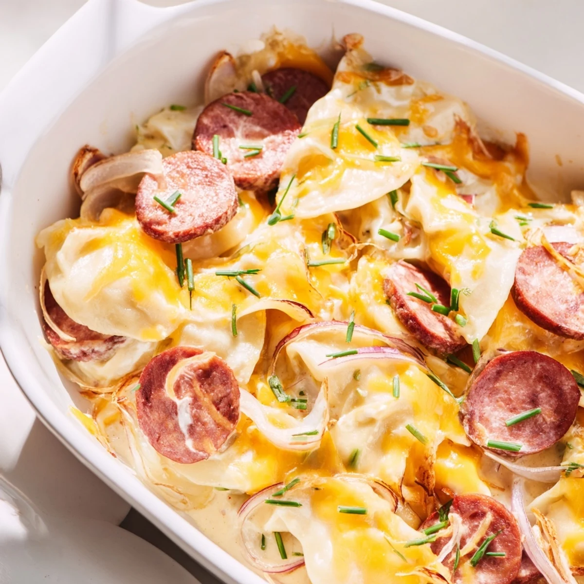Slow cooker Crock Pot pierogi casserole layered with smoky kielbasa and melted cheddar cheese