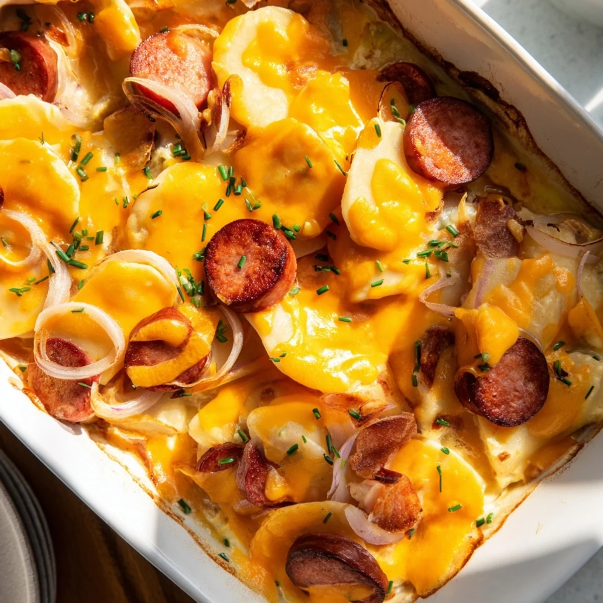 Golden brown Crock Pot pierogi casserole bubbling with creamy sauce and sliced sausage