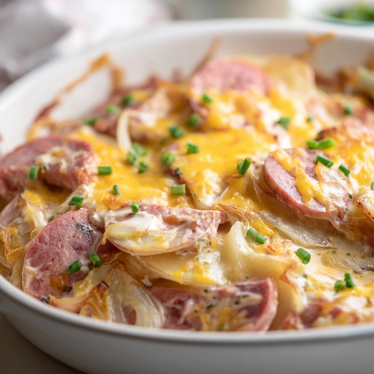 Hearty Crock Pot pierogi casserole with kielbasa topped with shredded cheddar and fresh chives
