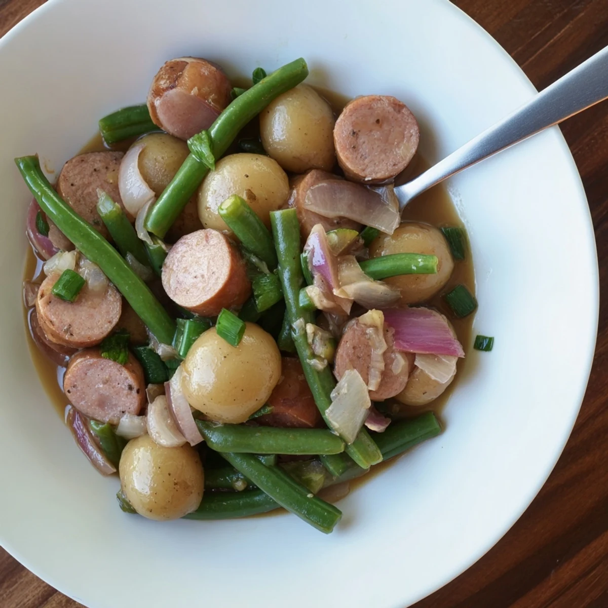 Comforting Crockpot Kielbasa and Green Beans one-pot meal featuring crisp vegetables and hearty slow-cooked sausage for easy family dinners