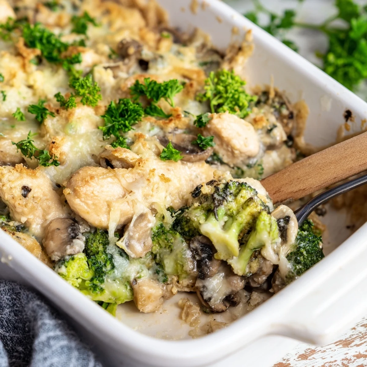 Golden bubbly low carb chicken casserole topped with melted mozzarella and fresh parsley