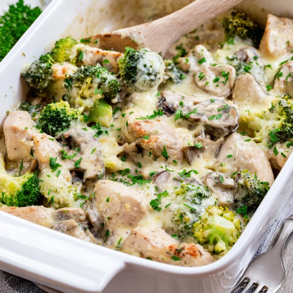 Creamy low carb chicken casserole with tender broccoli and mushrooms in rich cheese sauce