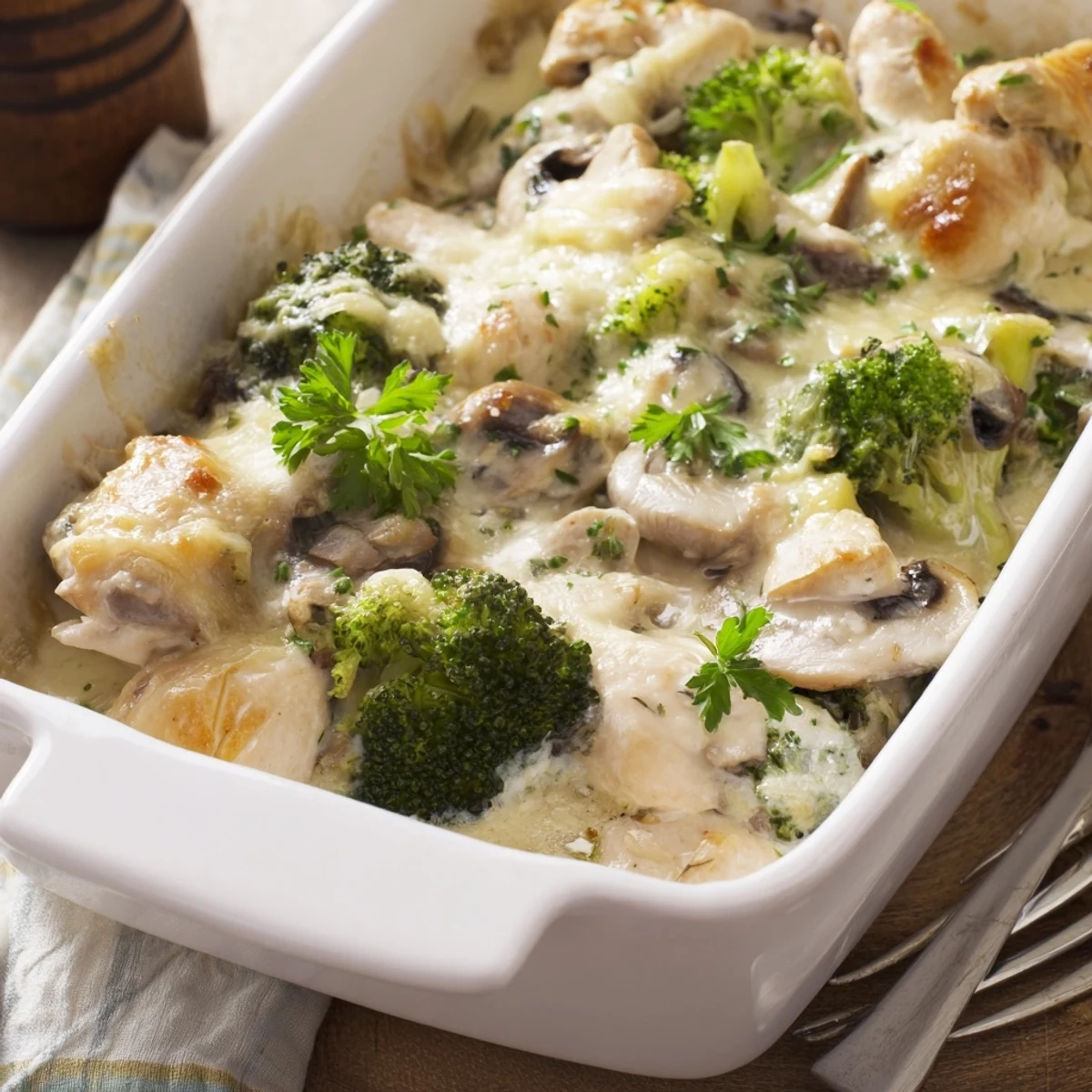 Baked low carb chicken casserole with shredded chicken and vegetables in golden cheesy goodness