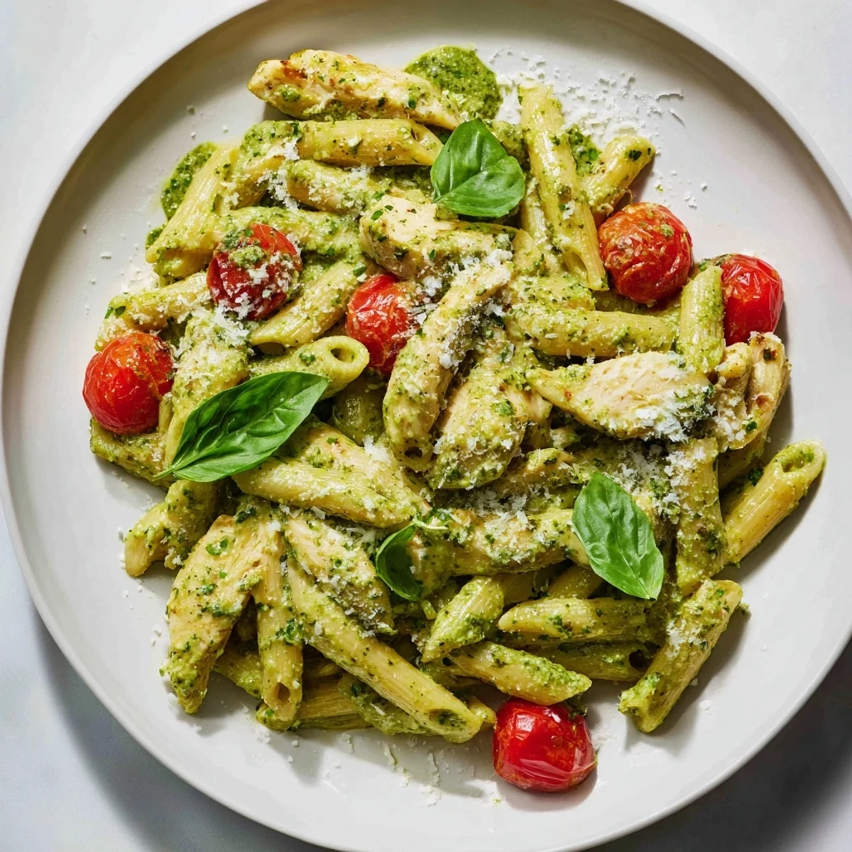 Golden brown chicken pieces tossed with penne in a vibrant green creamy pesto sauce