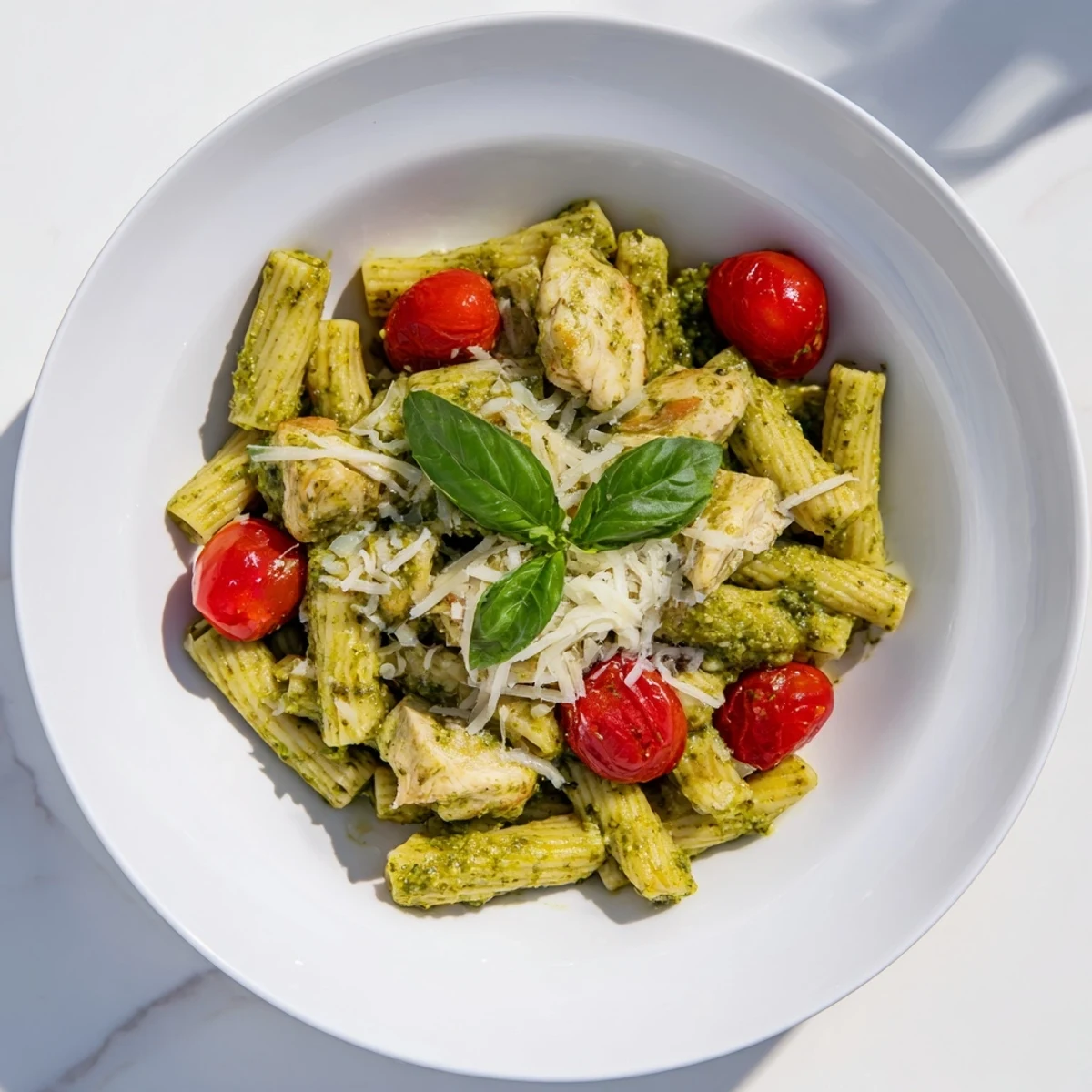 Close-up of tender chicken and al dente pasta coated in rich basil cream sauce