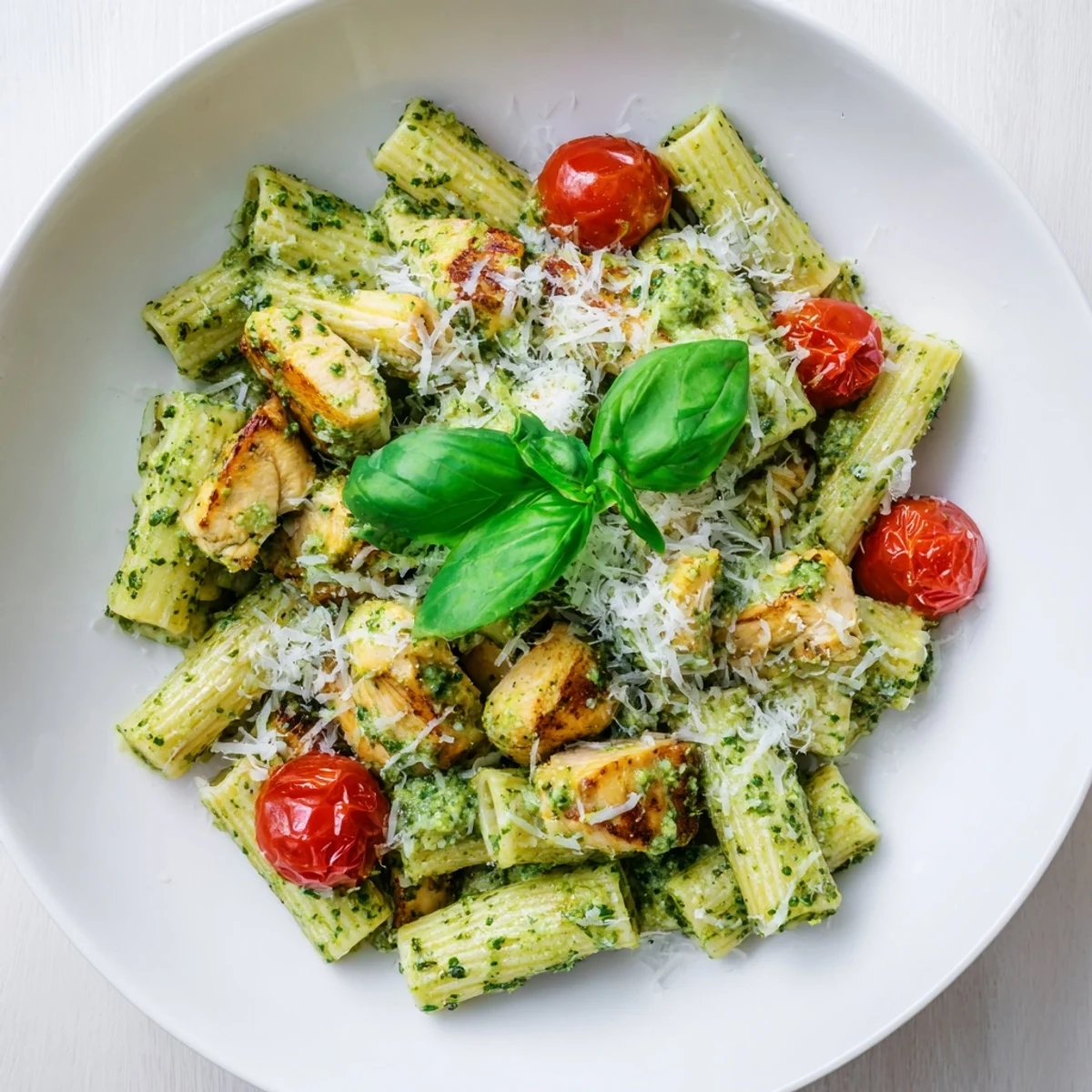 Steamy bowl of creamy pesto chicken pasta garnished with fresh basil and parmesan cheese
