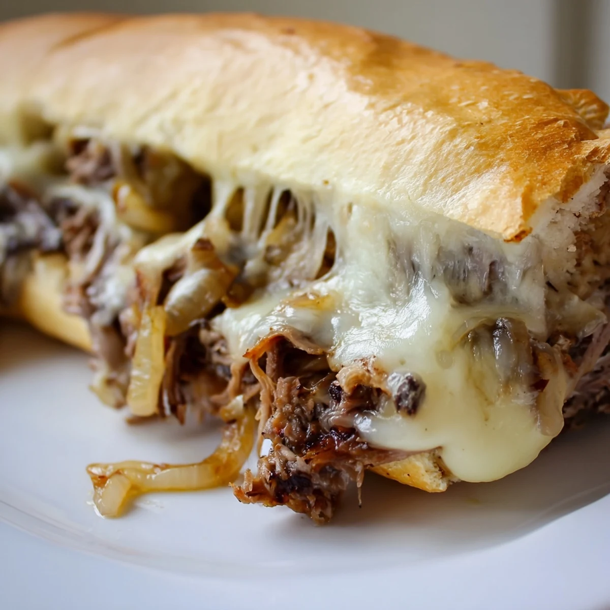 Crockpot French Dip Sandwiches served alongside small bowls of rich savory au jus
