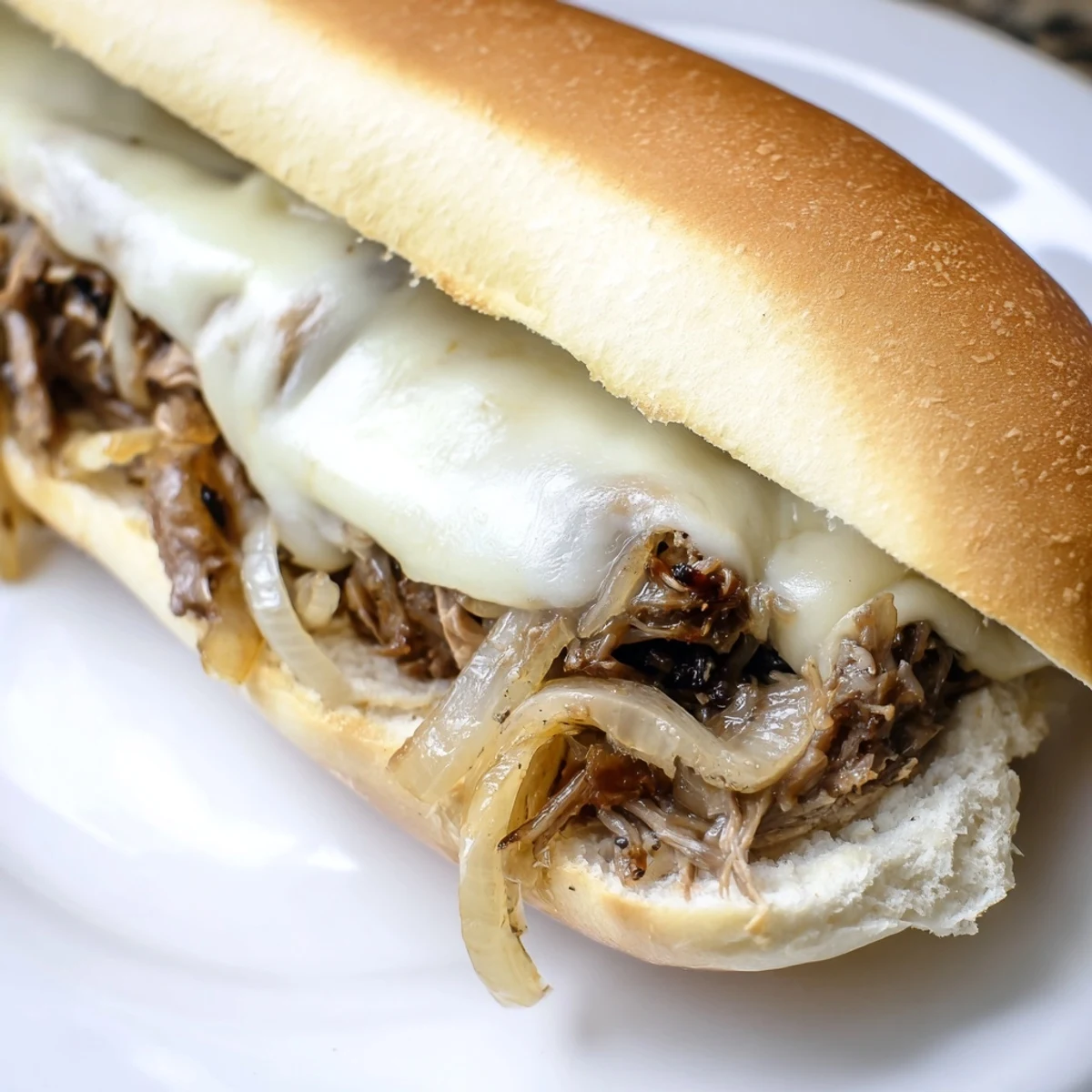 Tender slow-cooked beef overflowing from fresh French bread ready for dipping