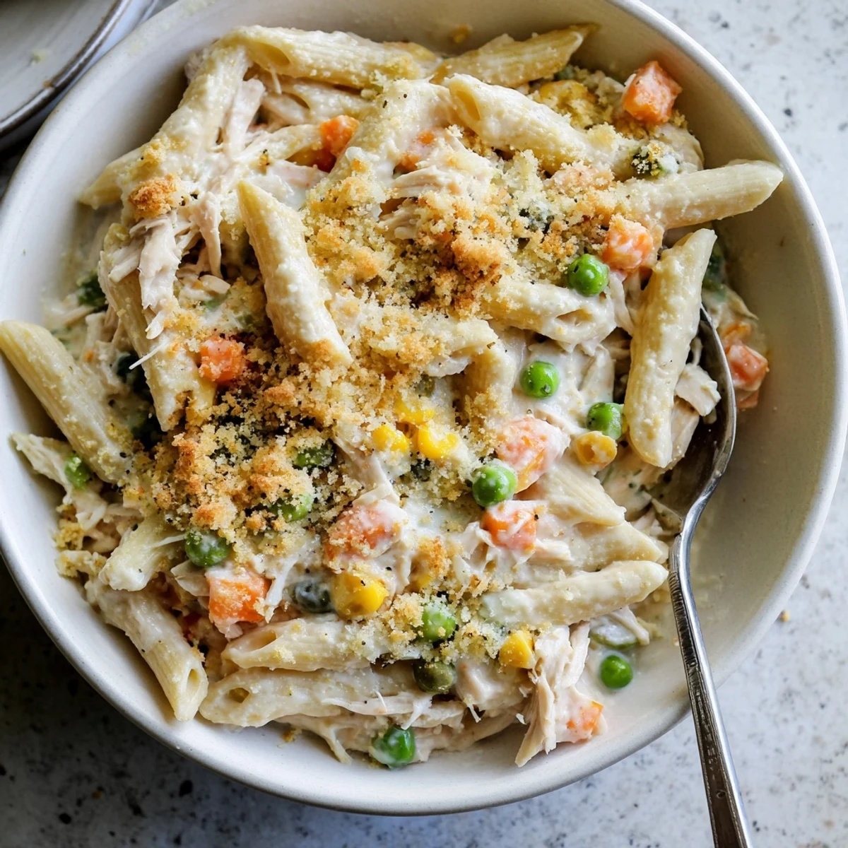Golden chicken pot pie pasta casserole bubbling with crispy Parmesan panko topping in baking dish