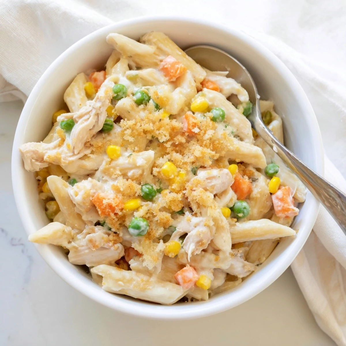Creamy chicken pot pie pasta loaded with tender chicken, vegetables, and melted cheese sauce