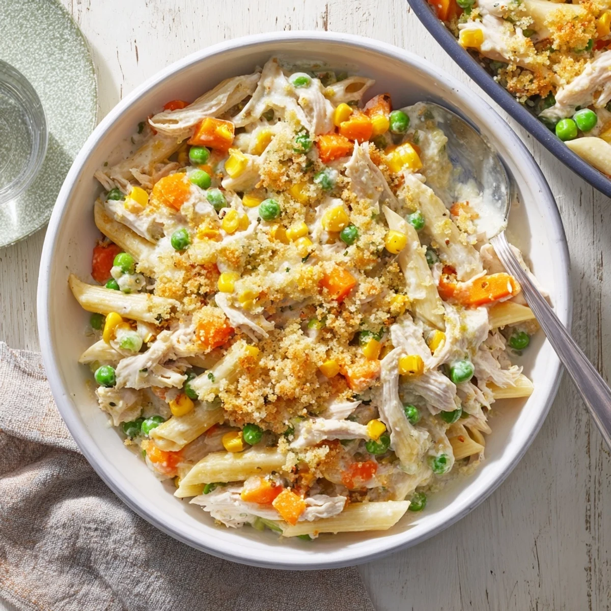 Comforting chicken pot pie pasta baked until golden with buttery breadcrumb crust and peas