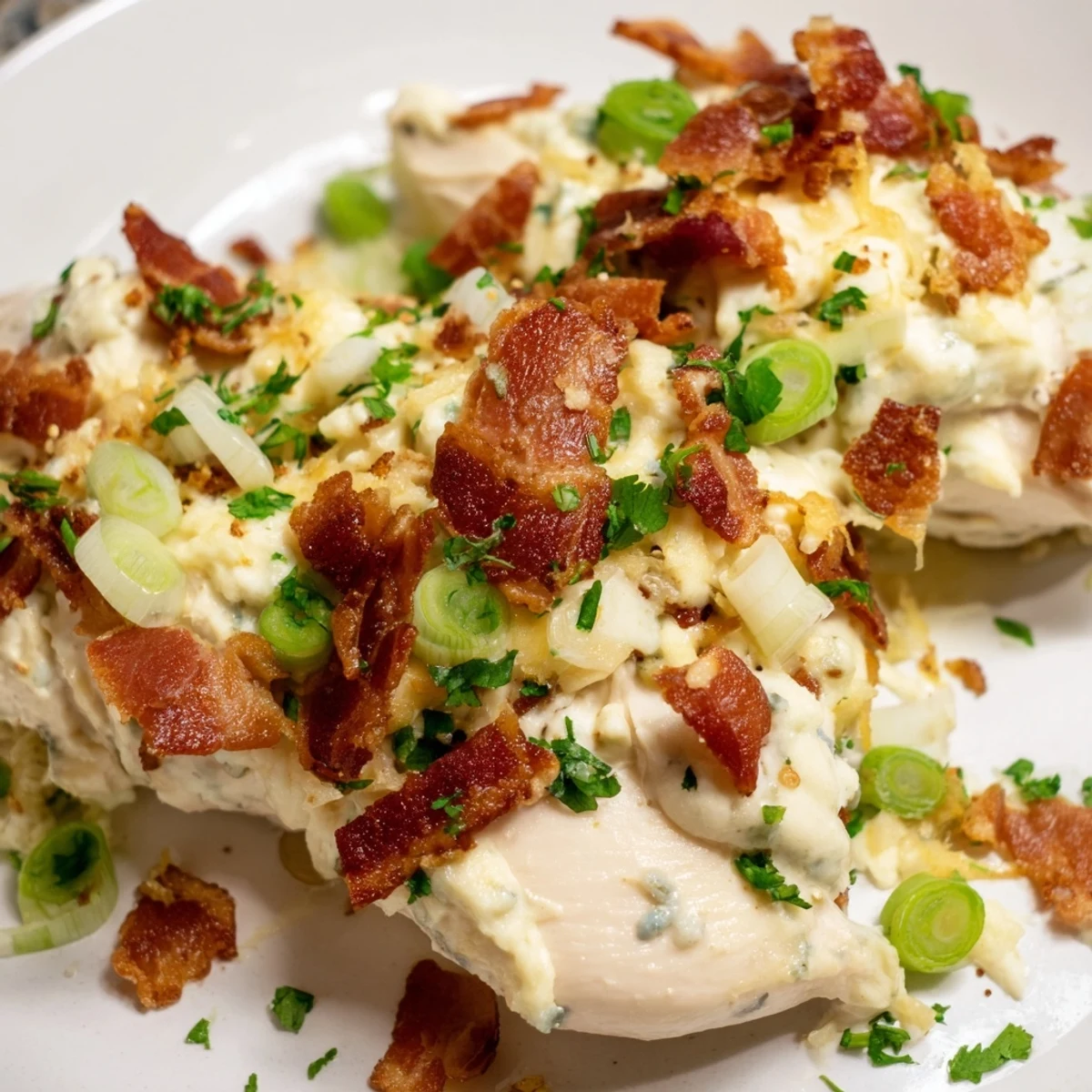 Crockpot Million Dollar Chicken topped with melted mozzarella and crispy bacon crumbles