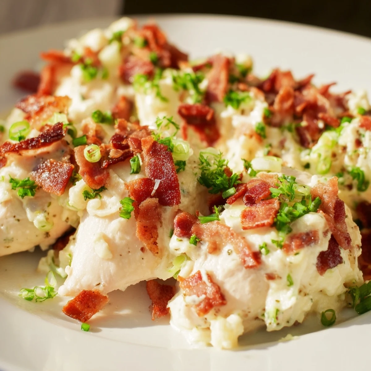 Creamy Crockpot Million Dollar Chicken with golden cheese sauce and fresh herbs
