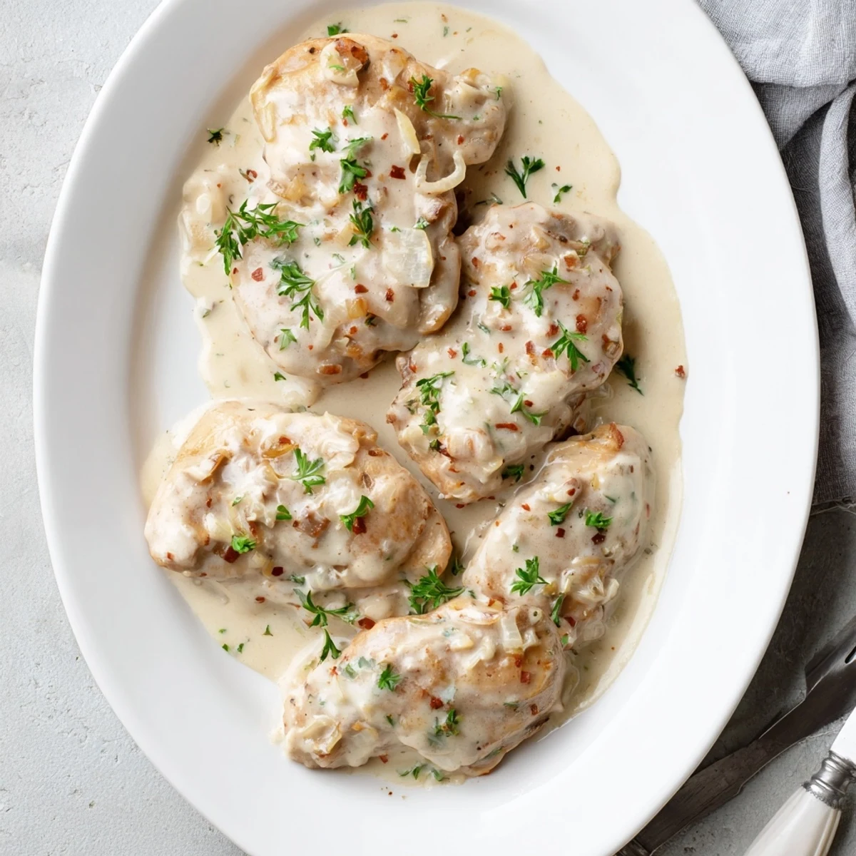 Golden Crockpot chicken thighs swimming in a velvety rich creamy gravy sauce