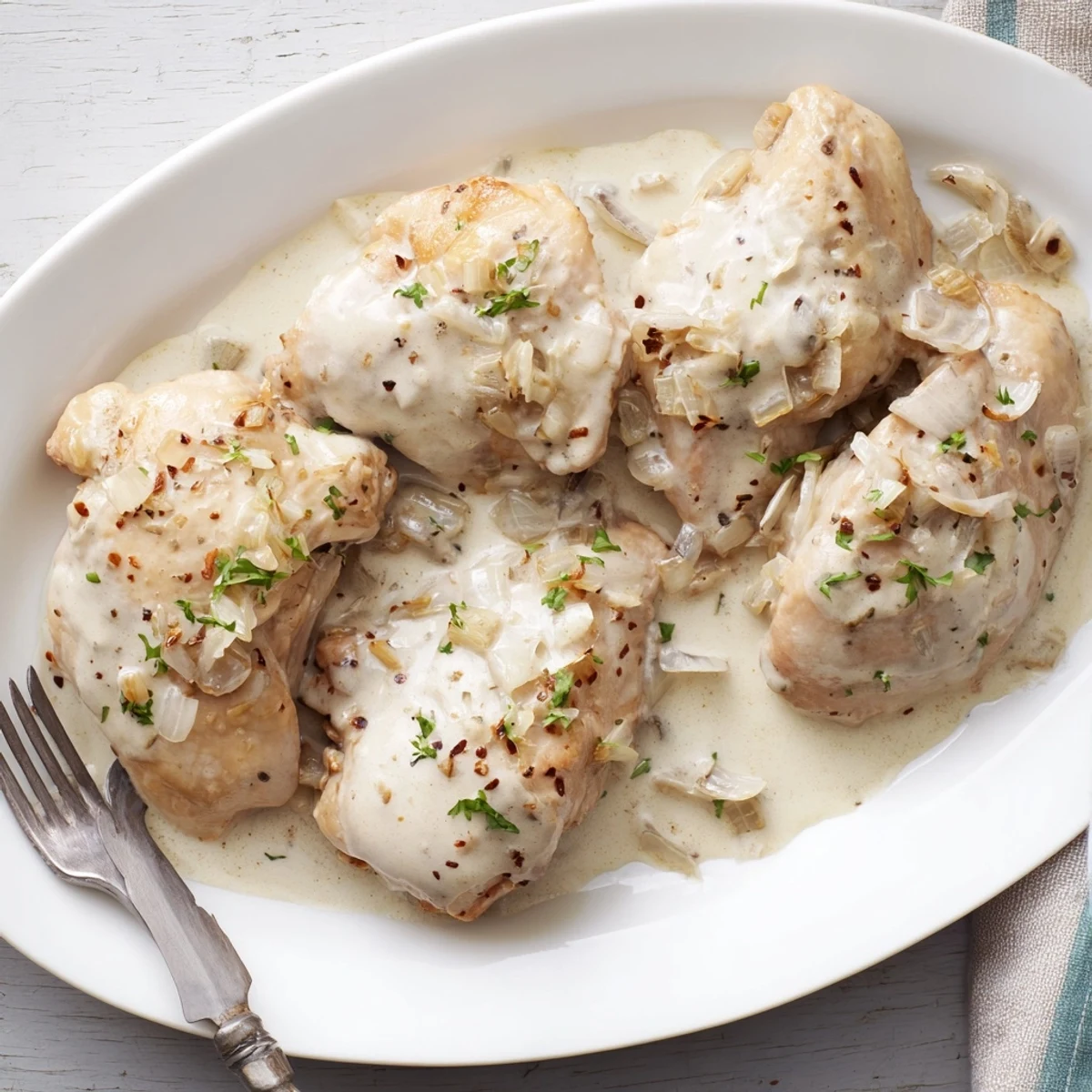 Easy Crockpot chicken thighs in thickened creamy gravy garnished with fresh parsley sprigs