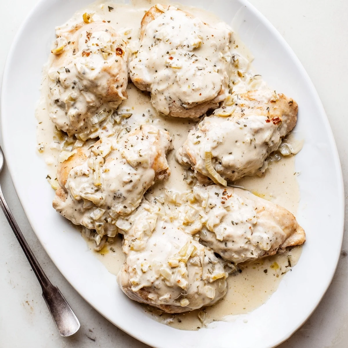 Tender slow-cooked chicken thighs draped in luxurious creamy gravy over comforting mashed potatoes