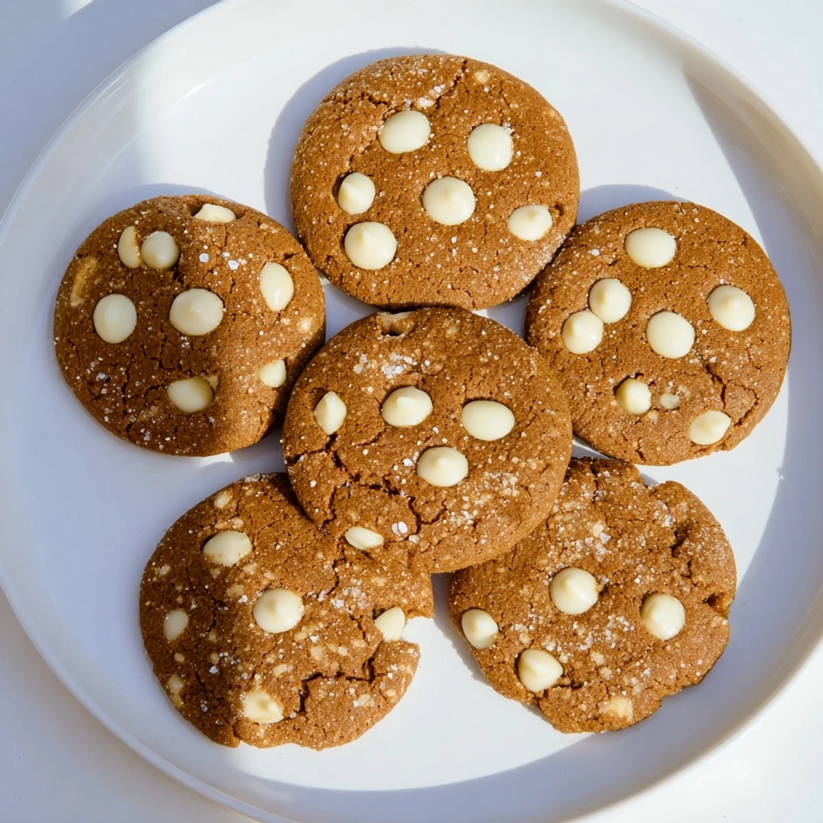 Golden bakery-style gingerbread white chocolate cookies with melted chips and sugary cracked tops