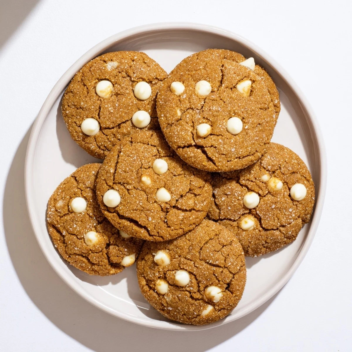 Soft spiced gingerbread white chocolate cookies stacked on a wooden serving board