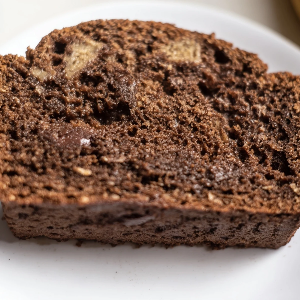 Moist chocolate espresso banana bread loaf studded with melted chocolate chips on a wooden board