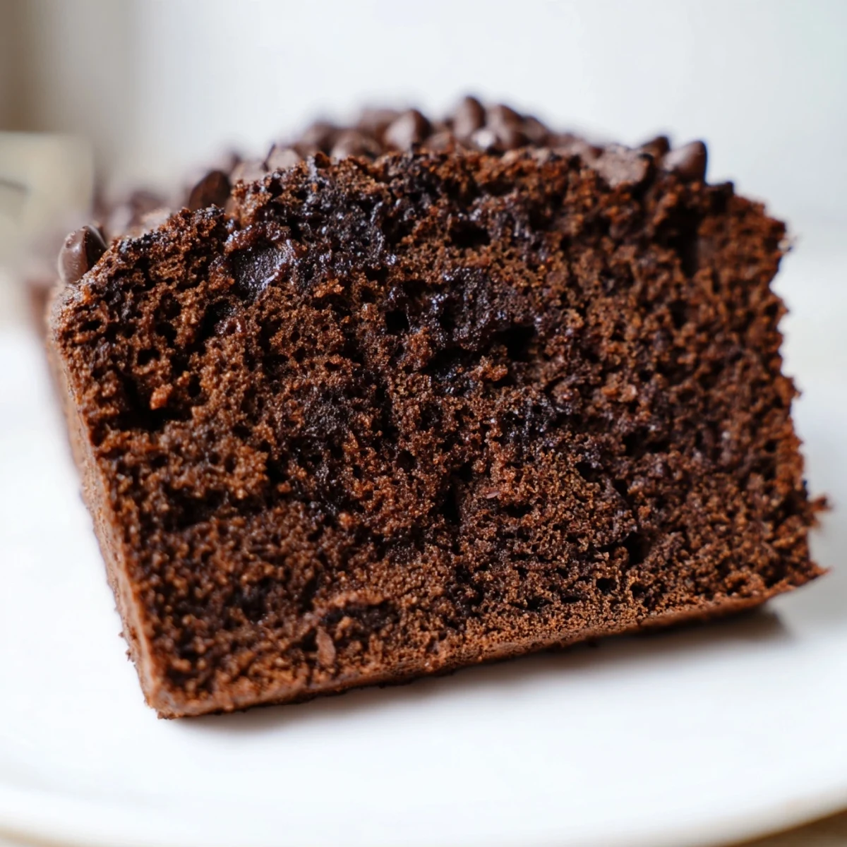 Sliced chocolate espresso banana bread revealing dark crumb with chips alongside a steaming coffee cup