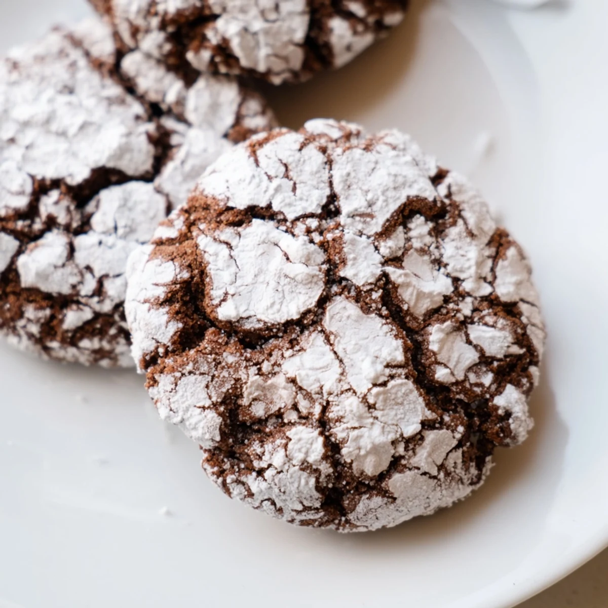 Soft gingerbread crinkle cookies dusted with powdered sugar on a white plate