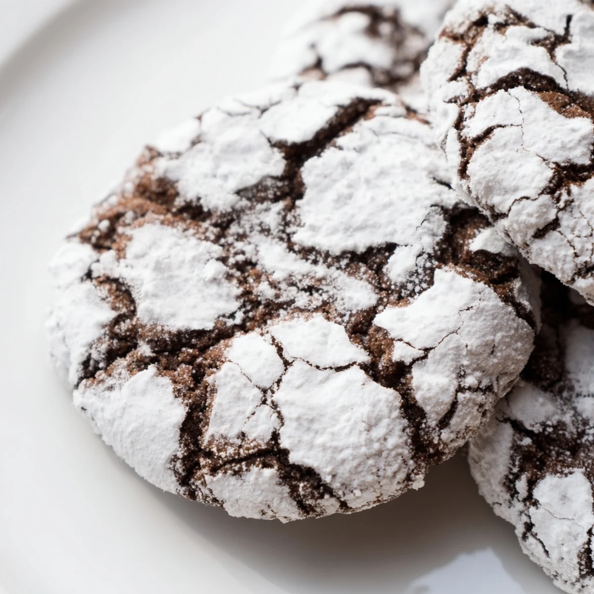 Festive holiday gingerbread crinkle cookies stacked with white powdered sugar details