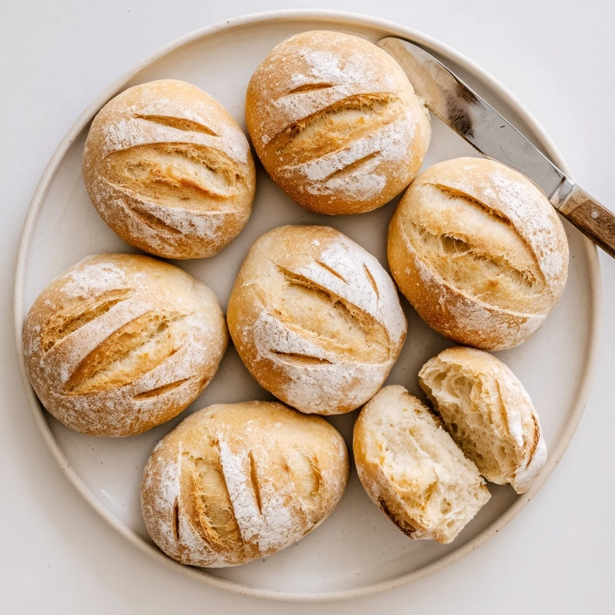 Golden brown crusty French bread rolls fresh from the oven with flour-dusted tops