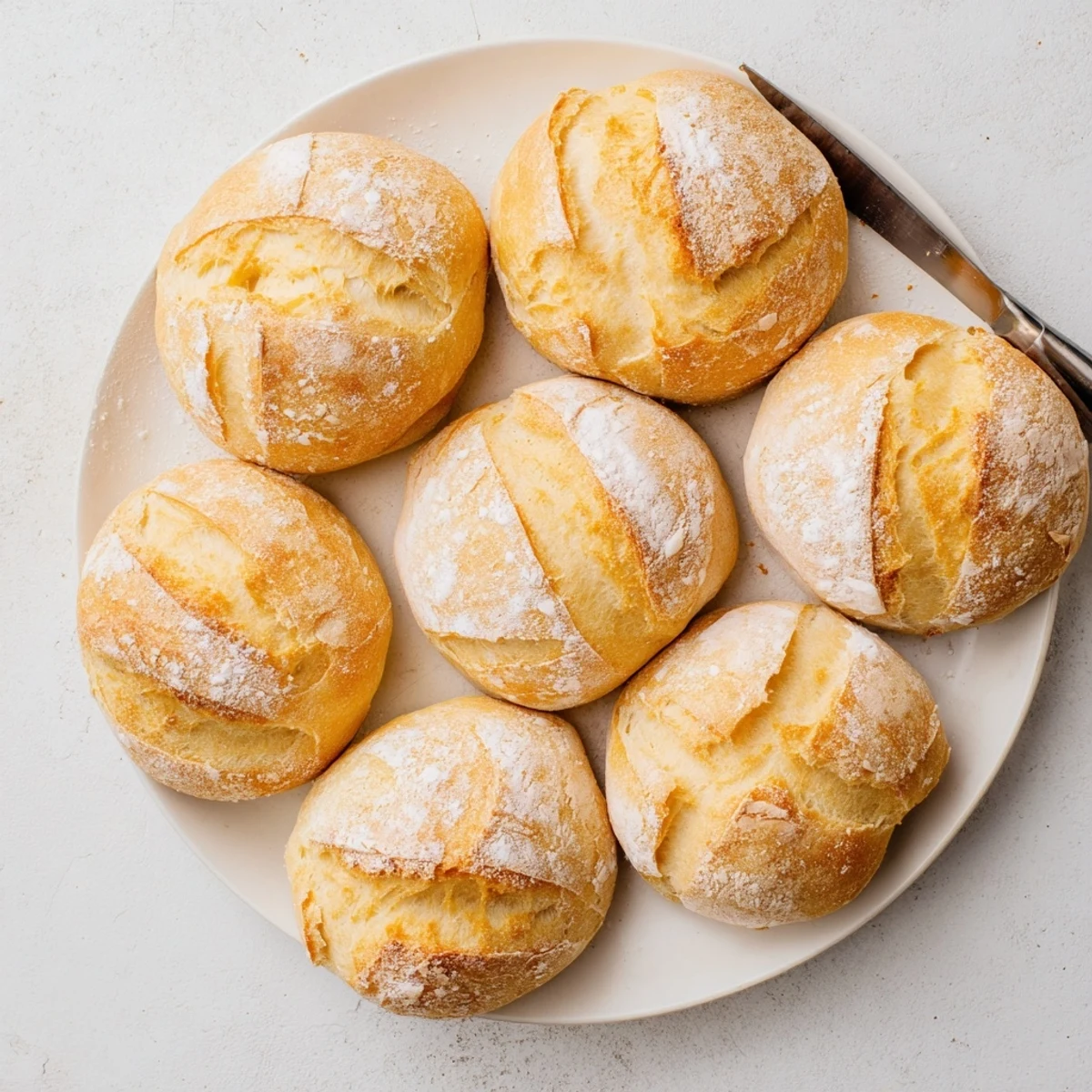 Warm artisan French bread rolls with crispy crusts served on wooden cutting board