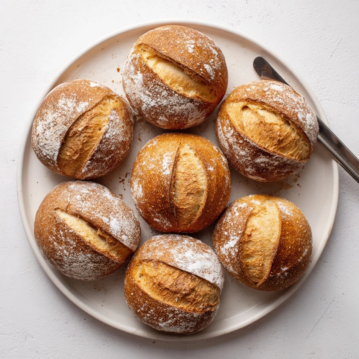 Hand-shaped crusty French bread rolls showcasing deep golden color and rustic texture