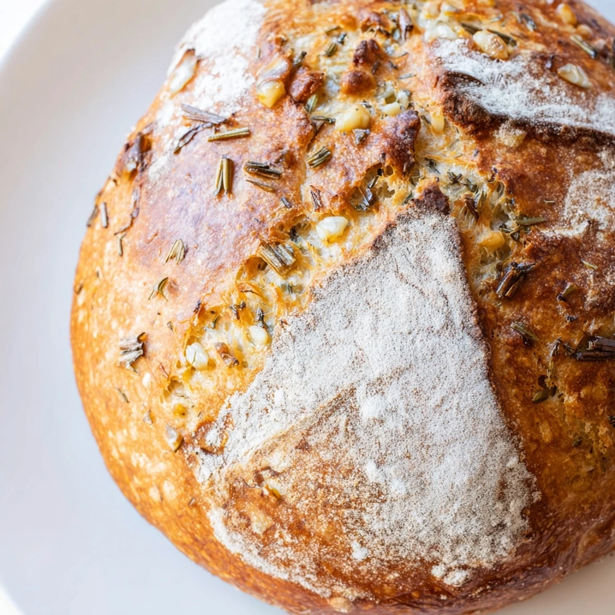Golden crust loaf of Dutch Oven Garlic Rosemary Bread sliced to reveal soft aromatic interior