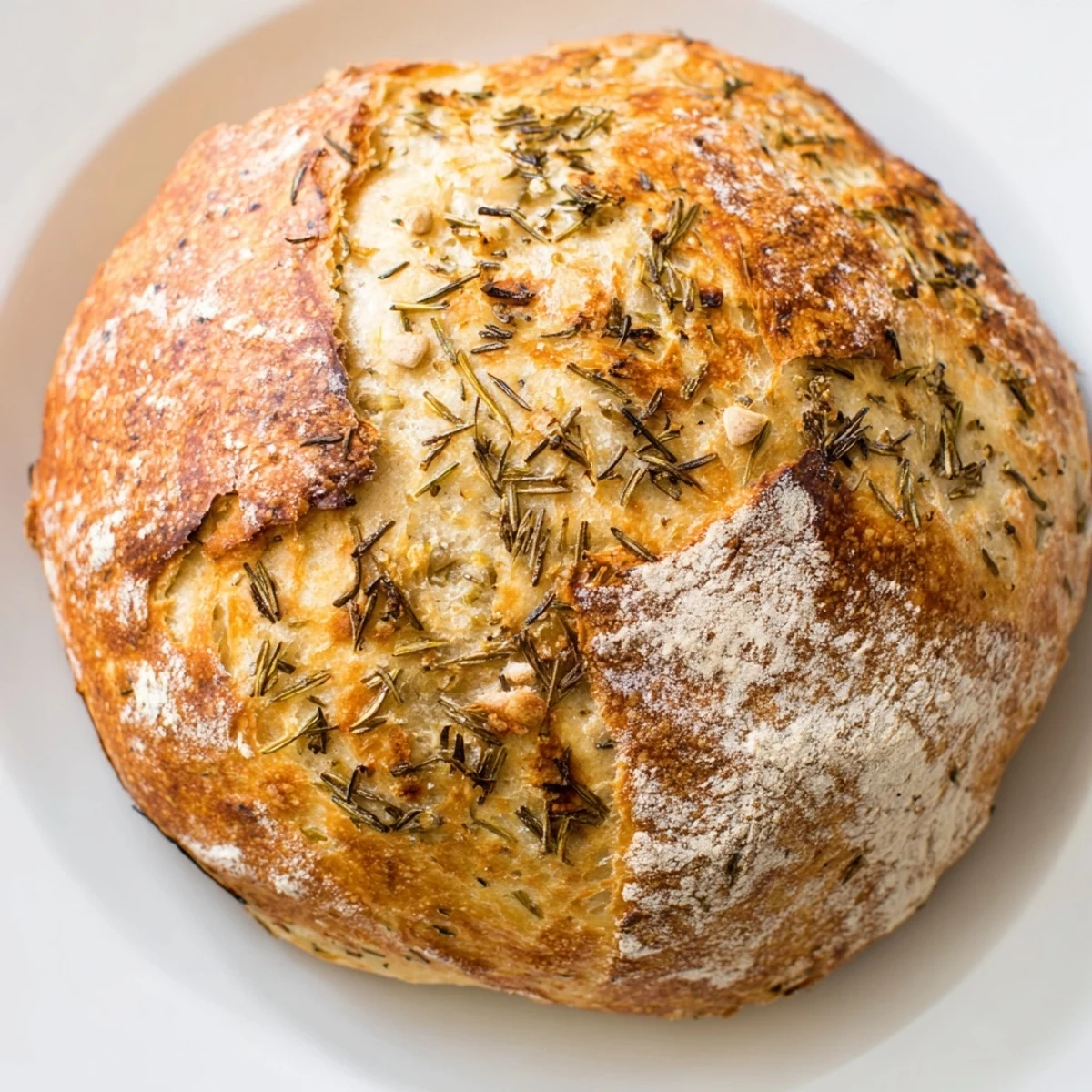 Rustic Dutch Oven Garlic Rosemary Bread with fresh herbs baked to deep golden brown perfection