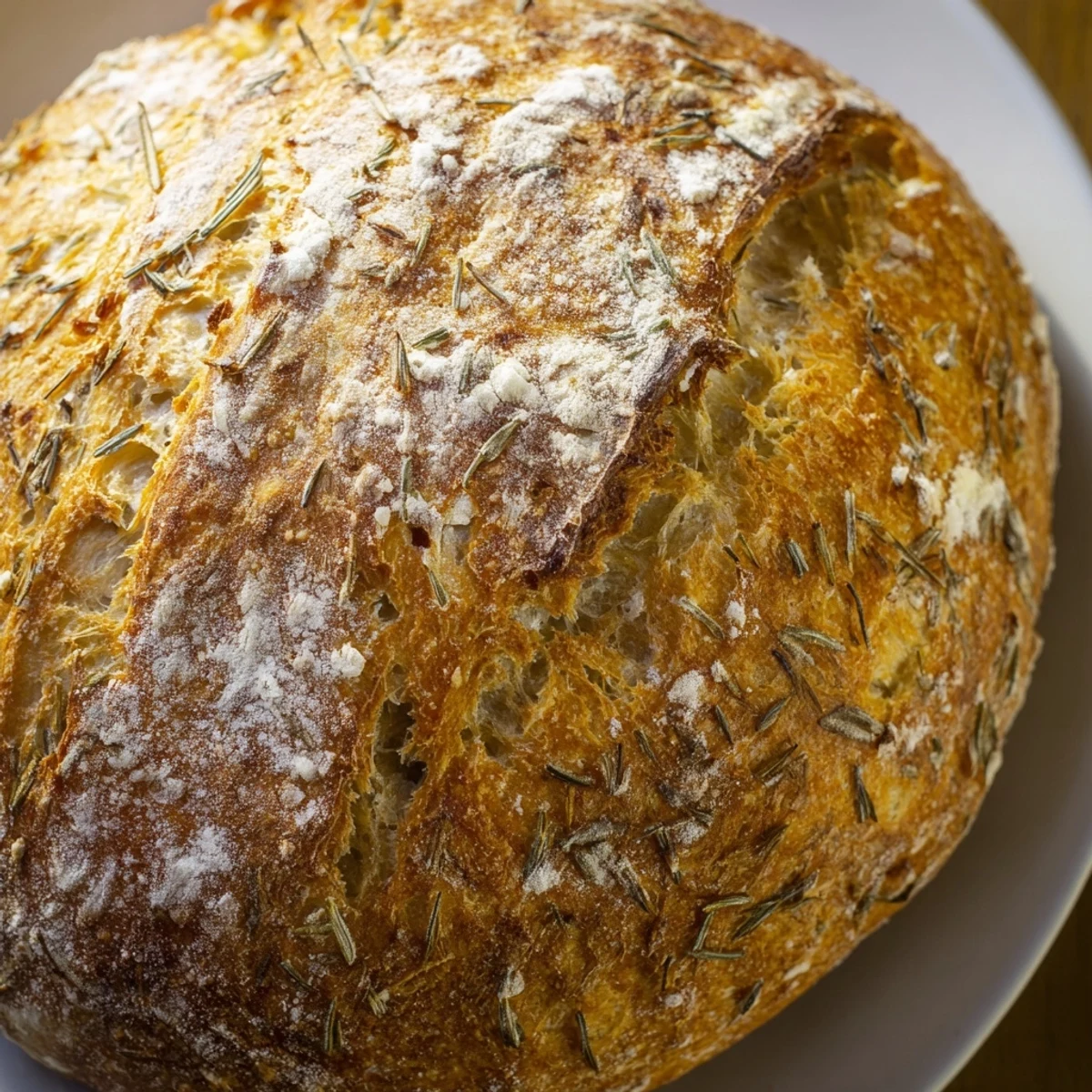 Warm slice of Dutch Oven Garlic Rosemary Bread beside olive oil for dipping on wooden board