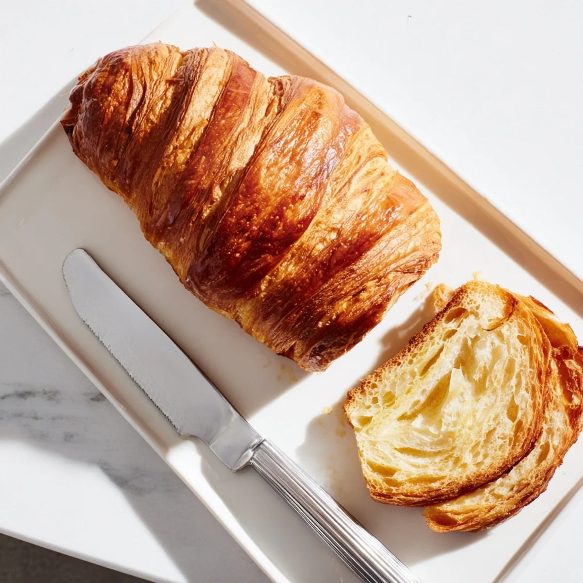 Golden brown homemade croissant bread loaf with flaky layers and glossy egg wash finish