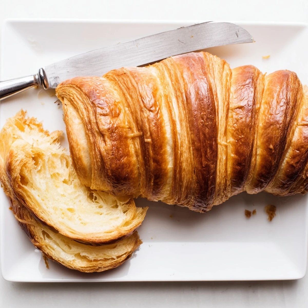 Buttery homemade croissant bread sliced to reveal tender honeycomb layers on wooden board