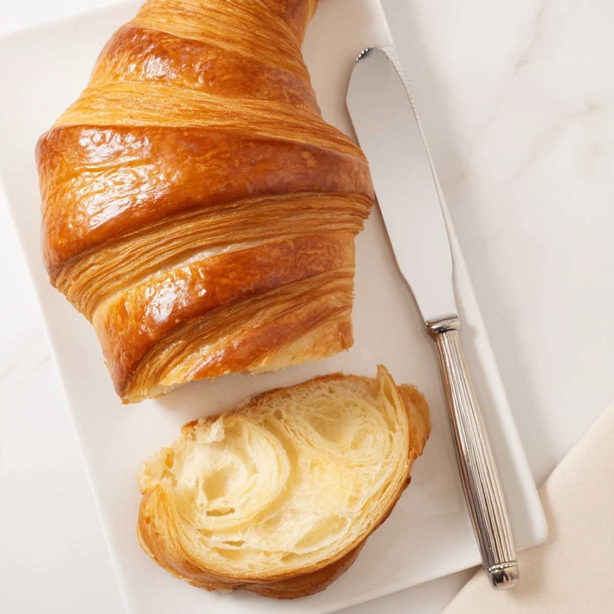 Freshly baked homemade croissant bread loaf cooling on wire rack with golden crust