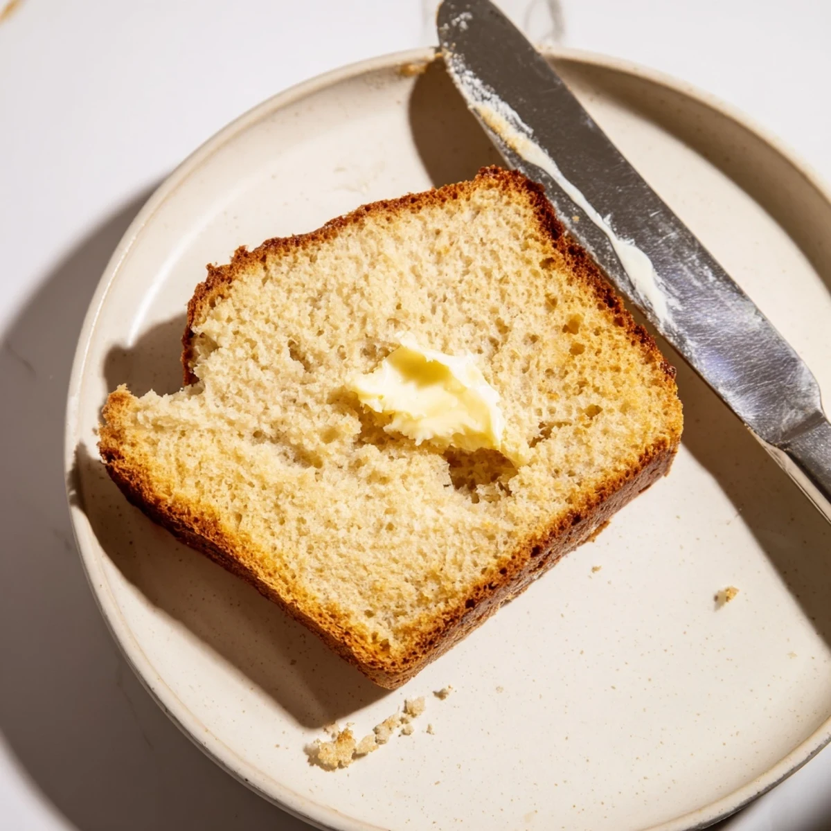 Fluffy keto zero carb yogurt bread toasted with sesame seeds on white plate