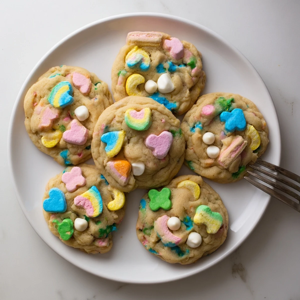 Golden brown Lucky Charms cookies topped with colorful marshmallows on a white baking sheet