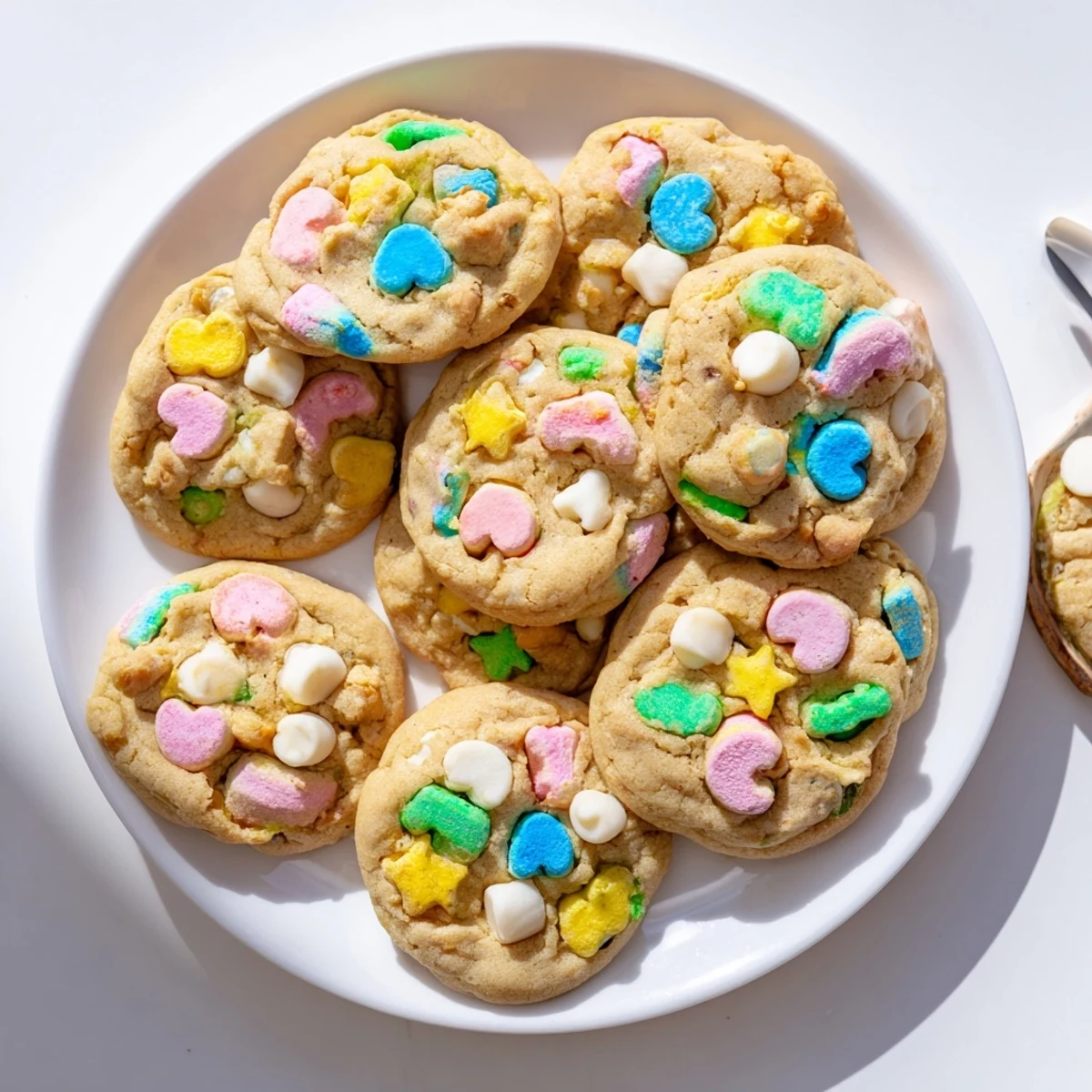 Freshly baked stack of Lucky Charms cookies with vibrant marshmallow pieces visible throughout