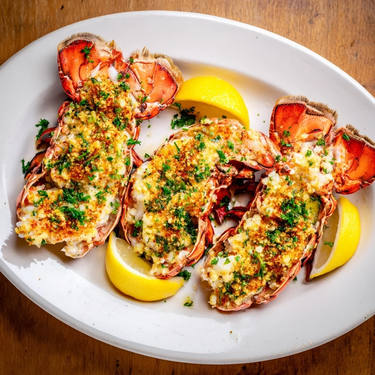 Whole lobster tails sizzling in rich garlic butter with fresh lemon and parsley garnish