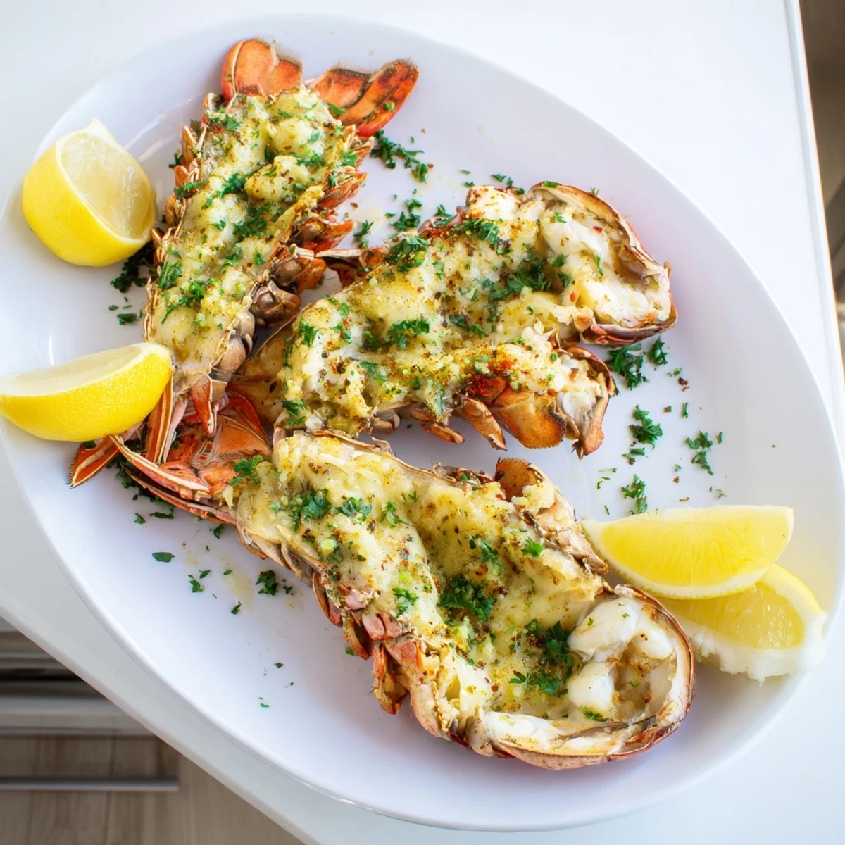 Baked lobster meat glistening with garlic butter sauce, served with lemon wedges on a baking sheet